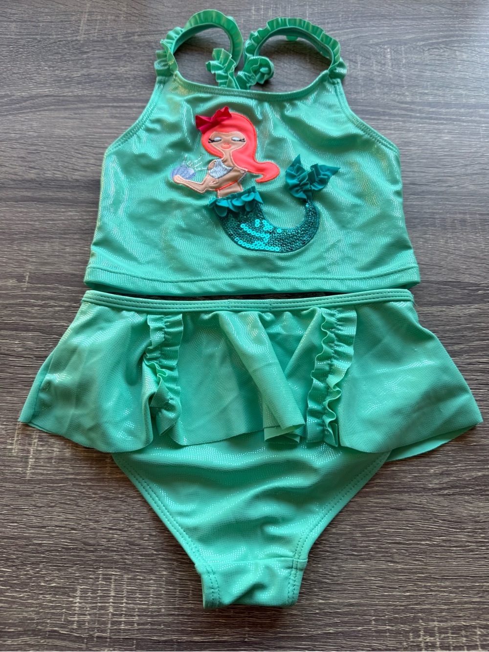 Flapdoodles Green Mermaid Tankini with Pink Hair Mermaid Appliqué